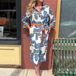 Jade Banded Collar Abstract Fall Leaves Midi Dress at ooh la la! in Grapevine TX 76051