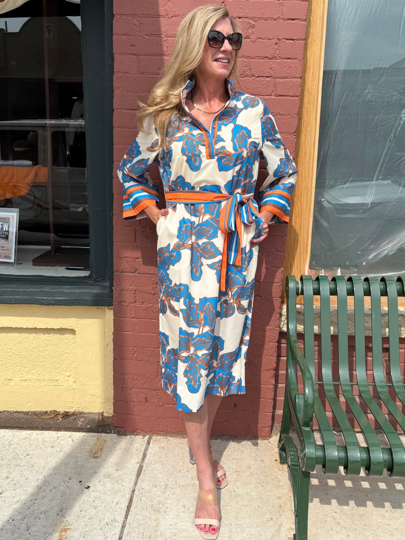 Jade Banded Collar Abstract Fall Leaves Midi Dress at ooh la la! in Grapevine TX 76051