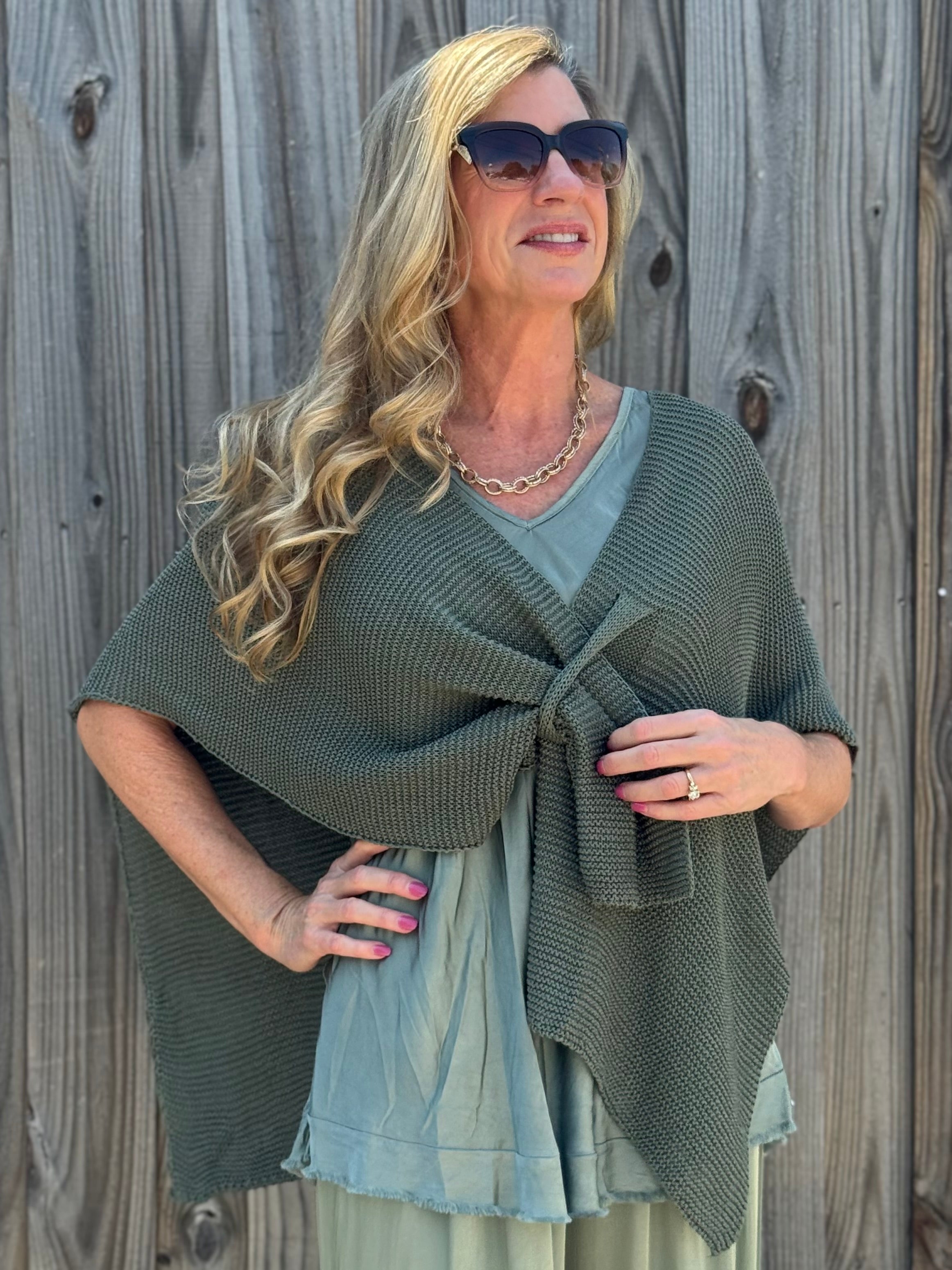 Ribbed Knit Wrap with Tab in Olive at ooh la la! in Grapevine TX 76051