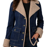 Liverpool sherpa trimmed notch collar denim jacket in rinse wash on female model