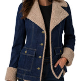 Liverpool sherpa trimmed notch collar denim jacket in rinse wash on female model