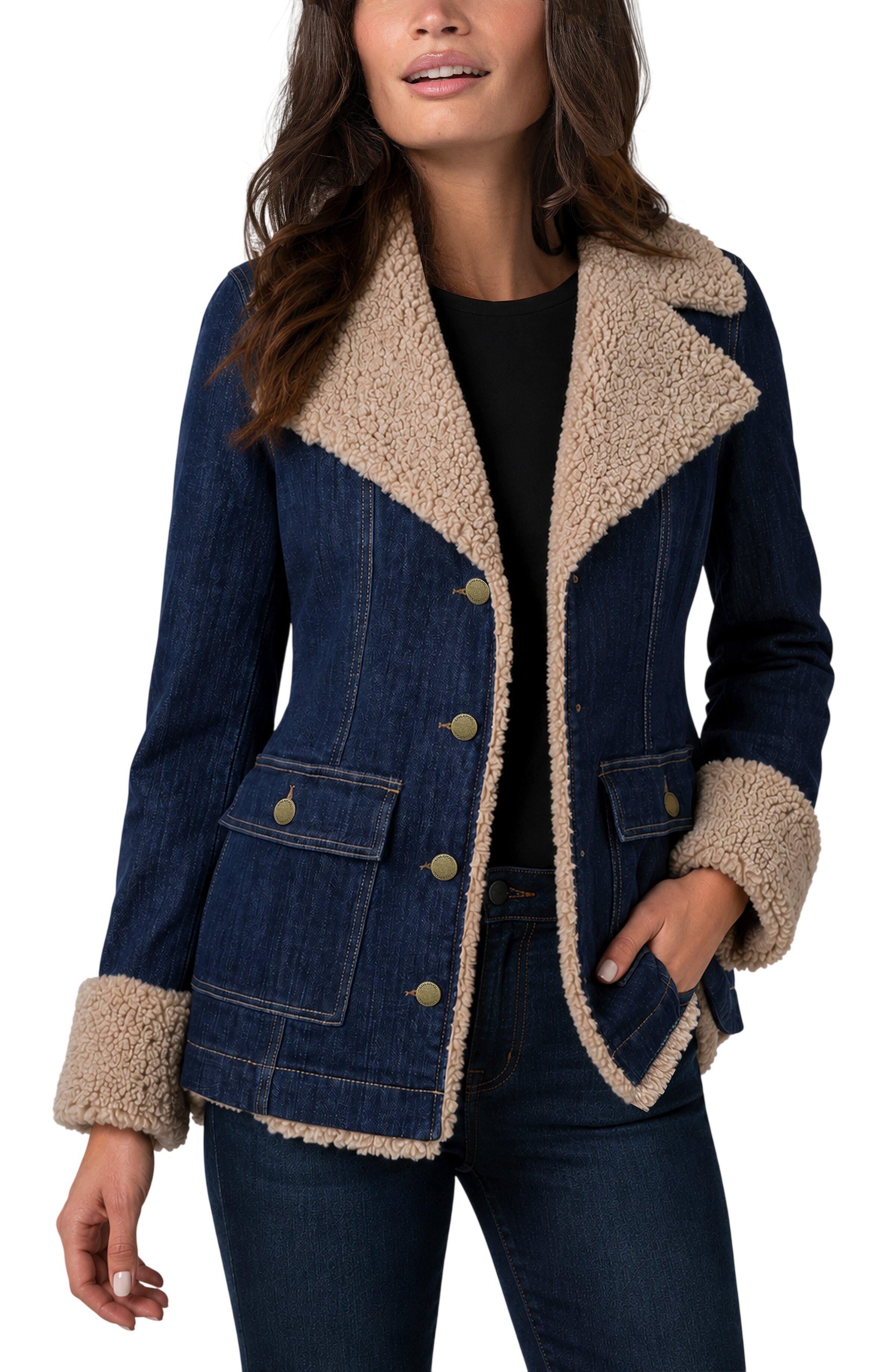 Liverpool sherpa trimmed notch collar denim jacket in rinse wash on female model