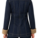 Back view of Liverpool sherpa trimmed notch collar denim jacket in rinse wash