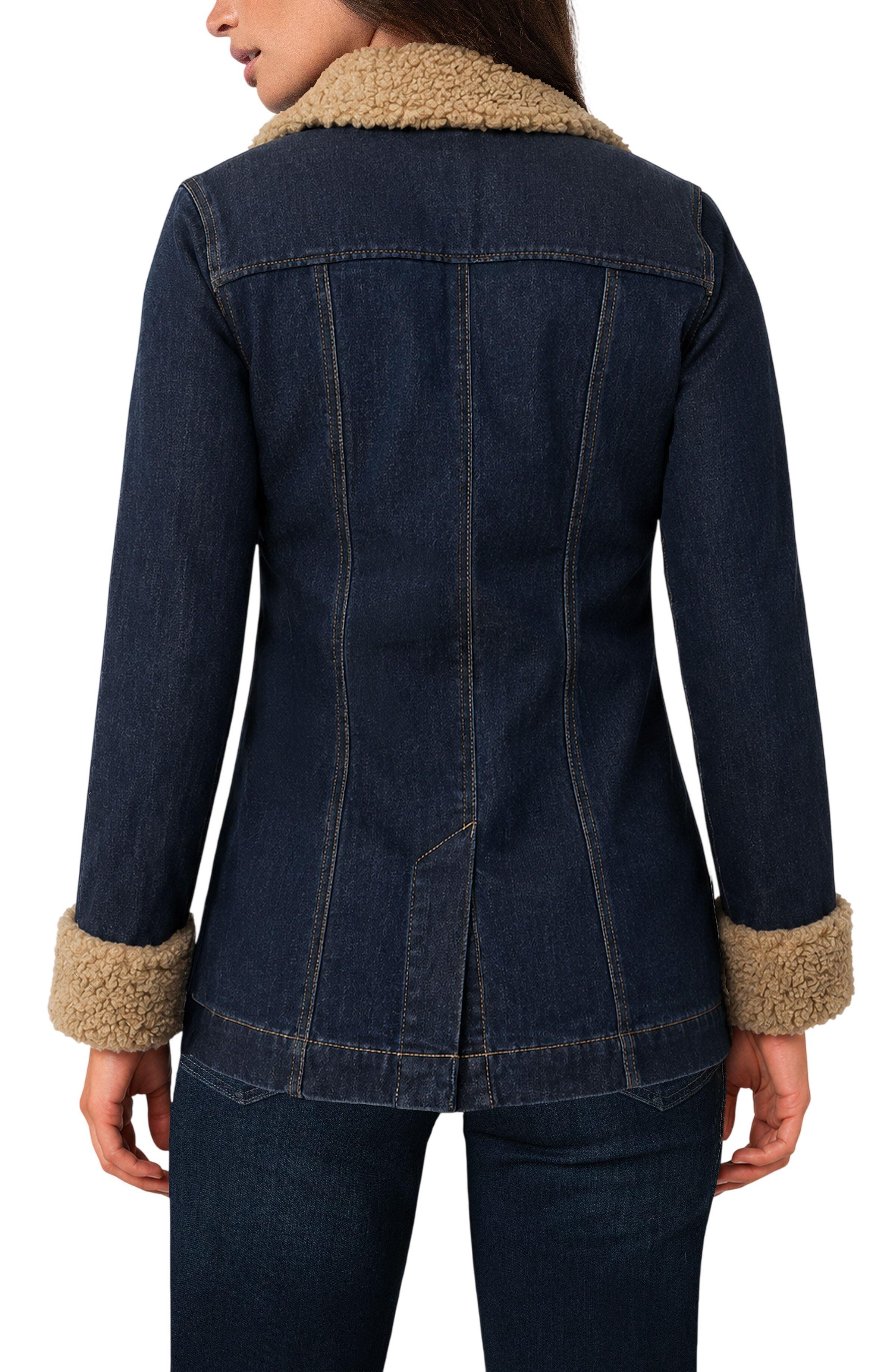 Back view of Liverpool sherpa trimmed notch collar denim jacket in rinse wash
