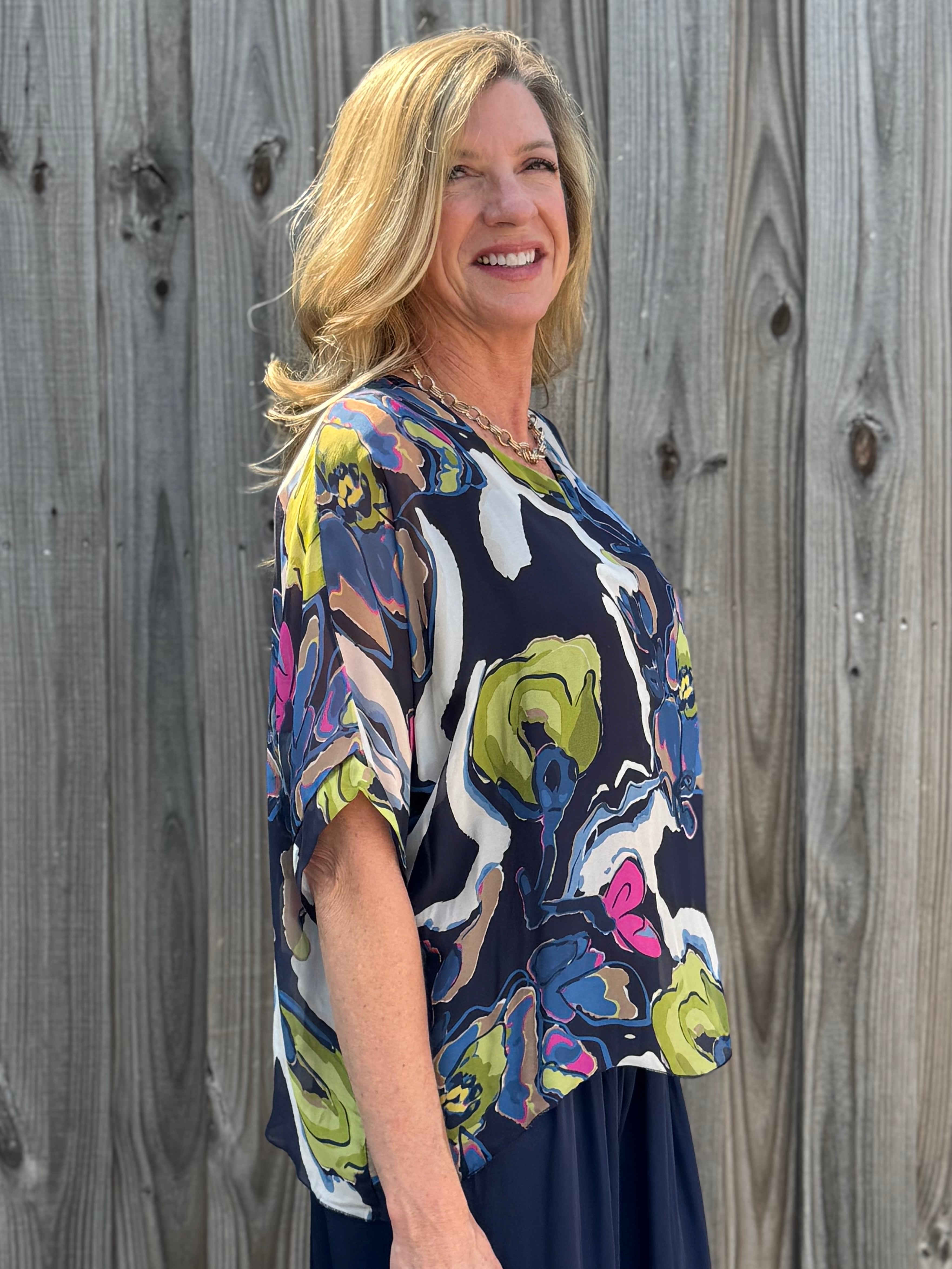 Abstract Flower Print Silk Raw Edge Blouse in navy at ooh la la! in Grapevine TX 76051