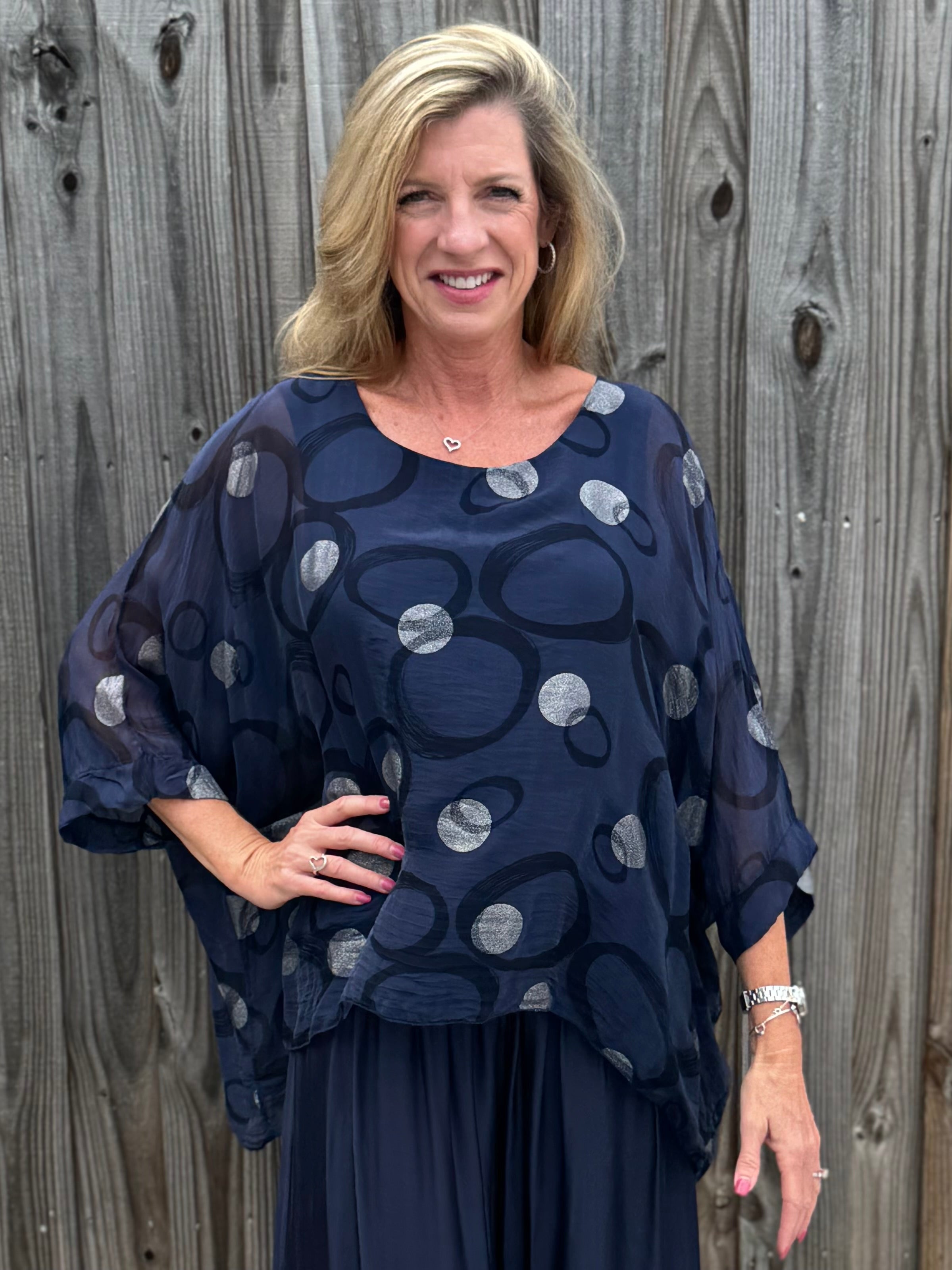 Silk Circles Kaftan in navy at ooh la la! in Grapevine TX 76051