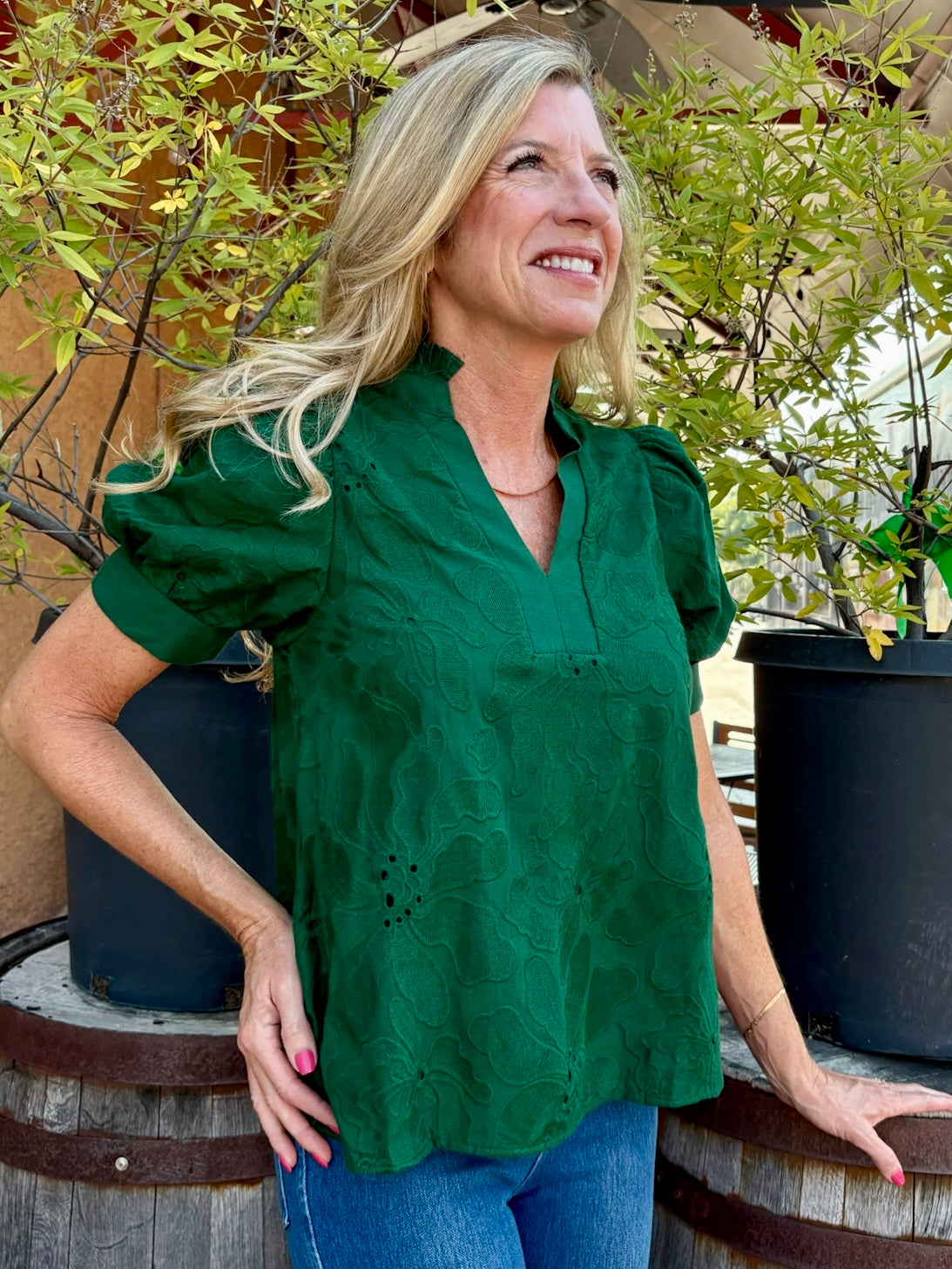 Floral embroidered short puff sleeve top in green at ooh la la! in Grapevine TX 76051