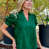 Floral embroidered short puff sleeve top in green at ooh la la! in Grapevine TX 76051