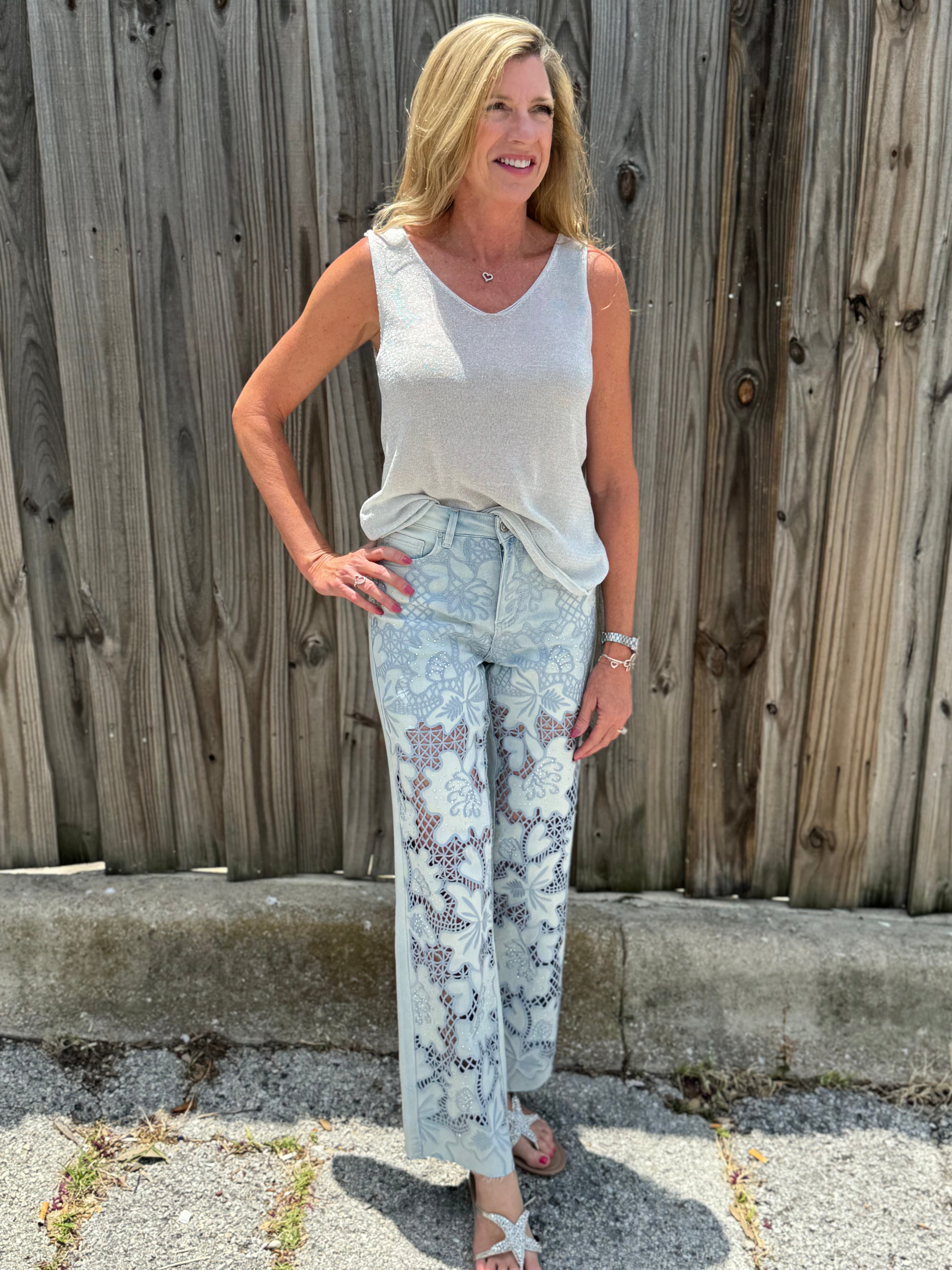 High Rise Lace Front Straight Leg Jeans in light blue at ooh la la! in Grapevine TX 76051