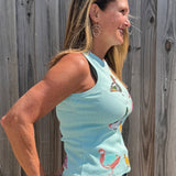 Queen of Sparkles, sequin duck tank, aqua tank top, mallard sequin shirt, boutique fashion, designer tank top, whimsical women's clothing, sequin animal top. at ooh la la! in Grapevine TX 76051