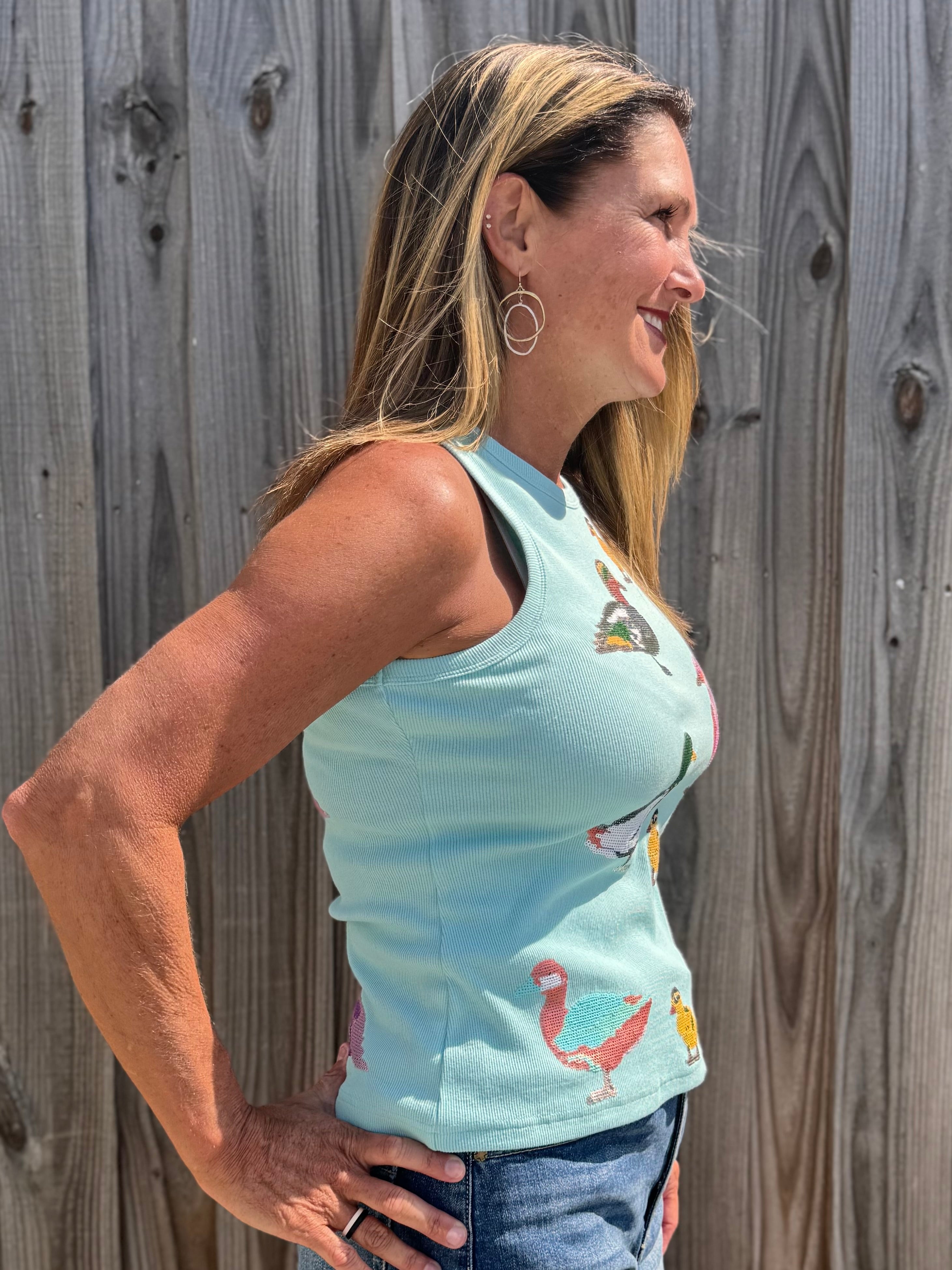Queen of Sparkles, sequin duck tank, aqua tank top, mallard sequin shirt, boutique fashion, designer tank top, whimsical women's clothing, sequin animal top. at ooh la la! in Grapevine TX 76051