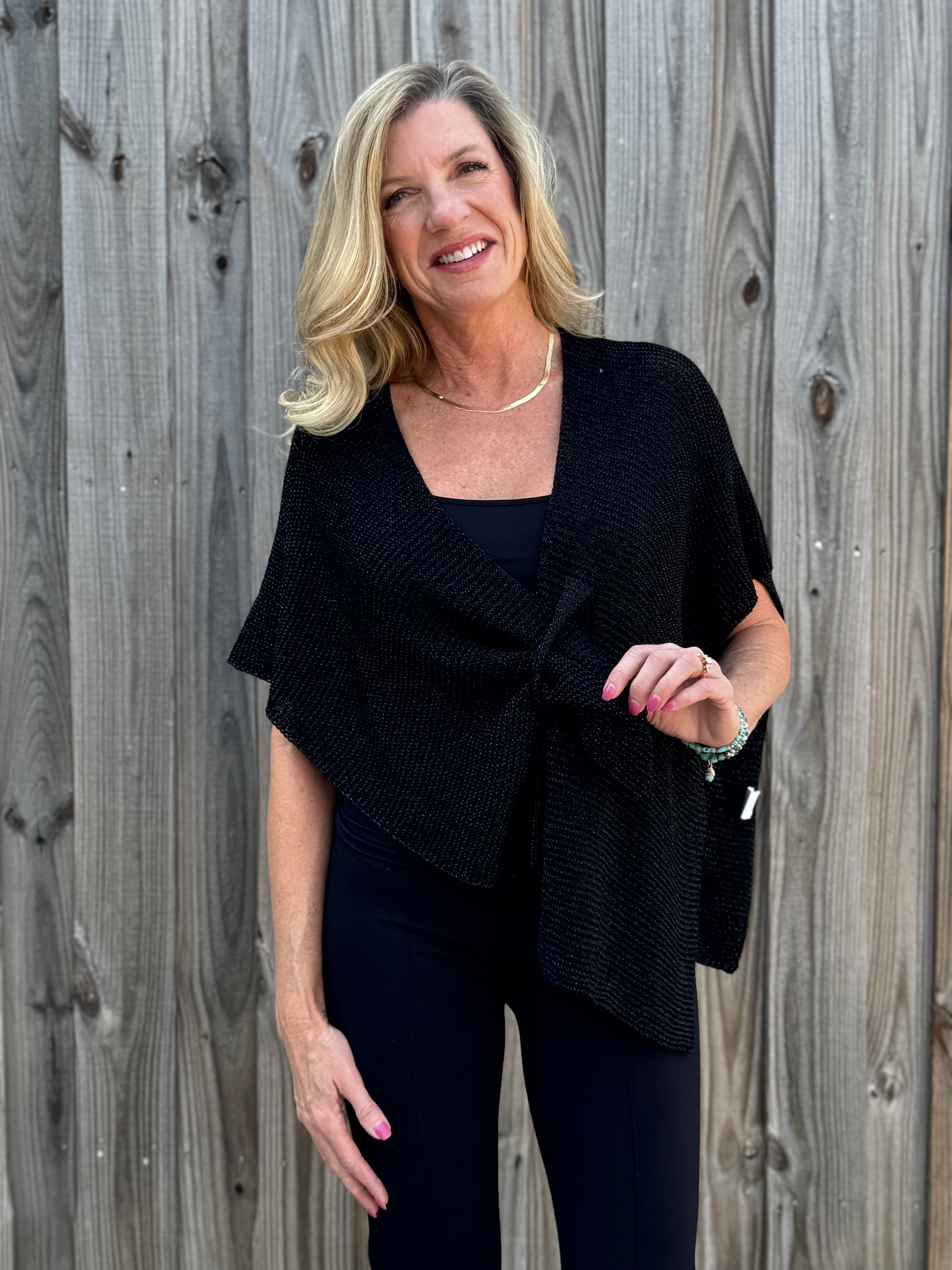 Ribbed Knit Wrap with Tab in black at ooh la la! in Grapevine TX 76051
