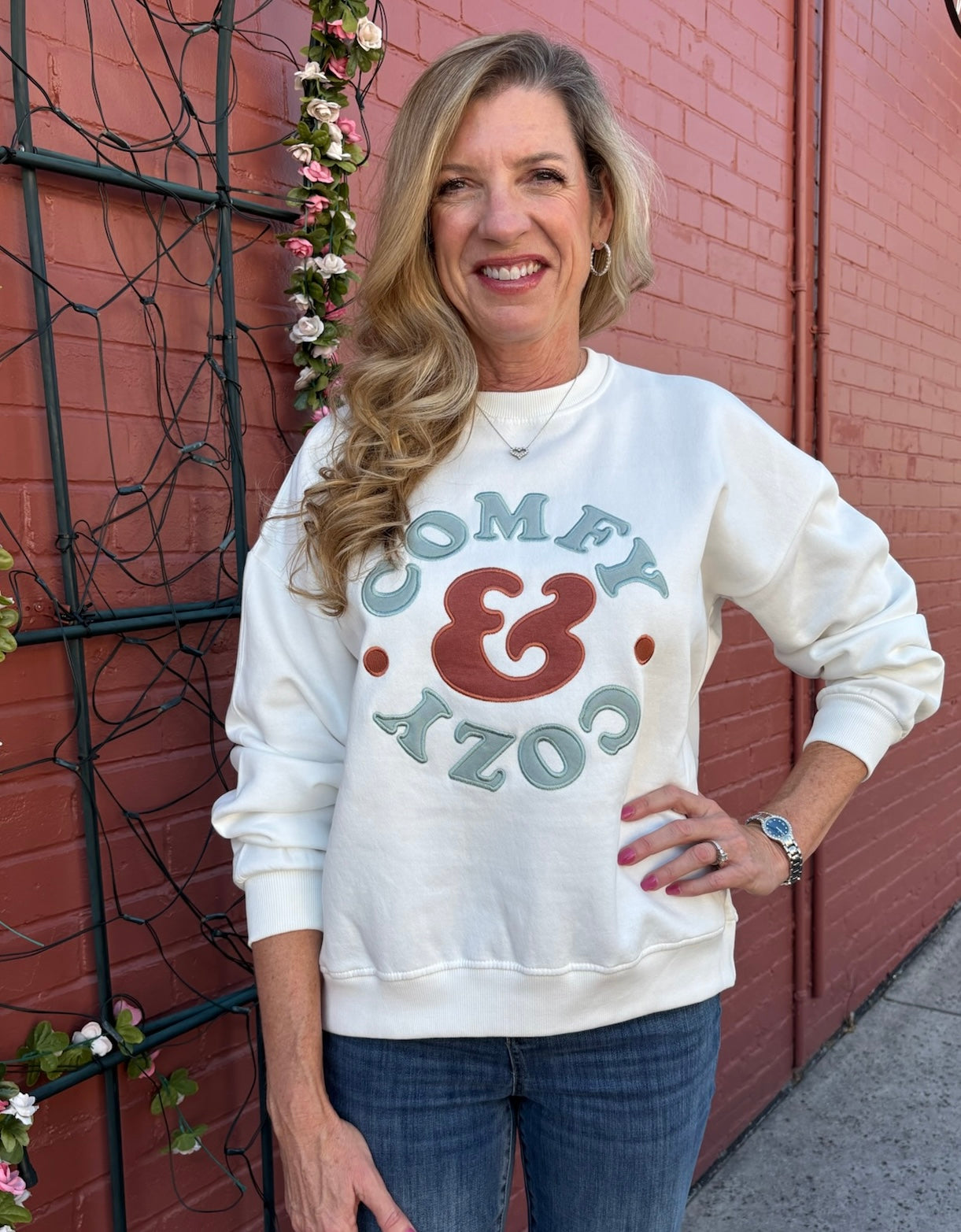 Comfy & Cozy Appliqué Sweatshirt at ooh la la! in Grapevine TX 76051