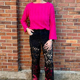 High Rise Wide Leg Lace Denim Jeans With Rhinestones in black at ooh la la! in Grapevine TX 76051