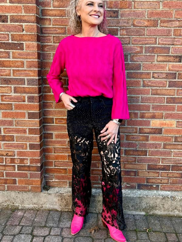 High Rise Wide Leg Lace Denim Jeans With Rhinestones in black at ooh la la! in Grapevine TX 76051