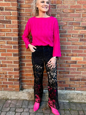 High Rise Wide Leg Lace Denim Jeans With Rhinestones in black at ooh la la! in Grapevine TX 76051