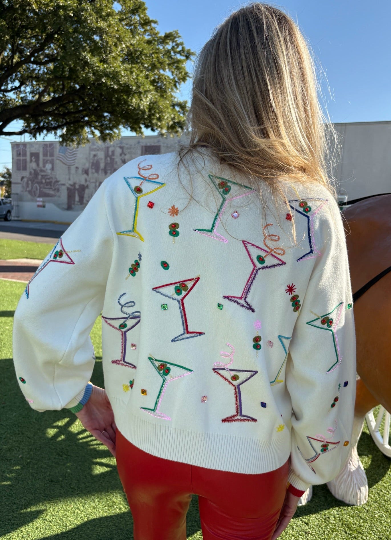 Queen of Sparkles White Multi Cosmo & Martini Button Up Cardigan With Rainbow Trim at ooh la la! in Grapevine TX 76051