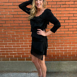 Made in Italy Long Sleeve Silk Ruffle Dress in Black at ooh la la! in Grapevine TX 76051