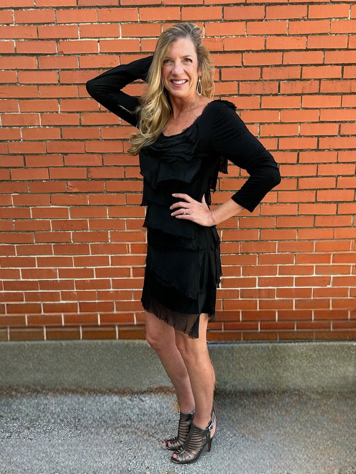 Made in Italy Long Sleeve Silk Ruffle Dress in Black at ooh la la! in Grapevine TX 76051