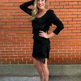 Made in Italy Long Sleeve Silk Ruffle Dress in Black at ooh la la! in Grapevine TX 76051