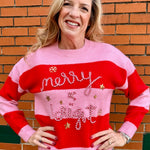 Simply Southern Merry & Bright Embroidered Stripe Pullover Sweater In pink/red at ooh la la! in Grapevine TX 76051