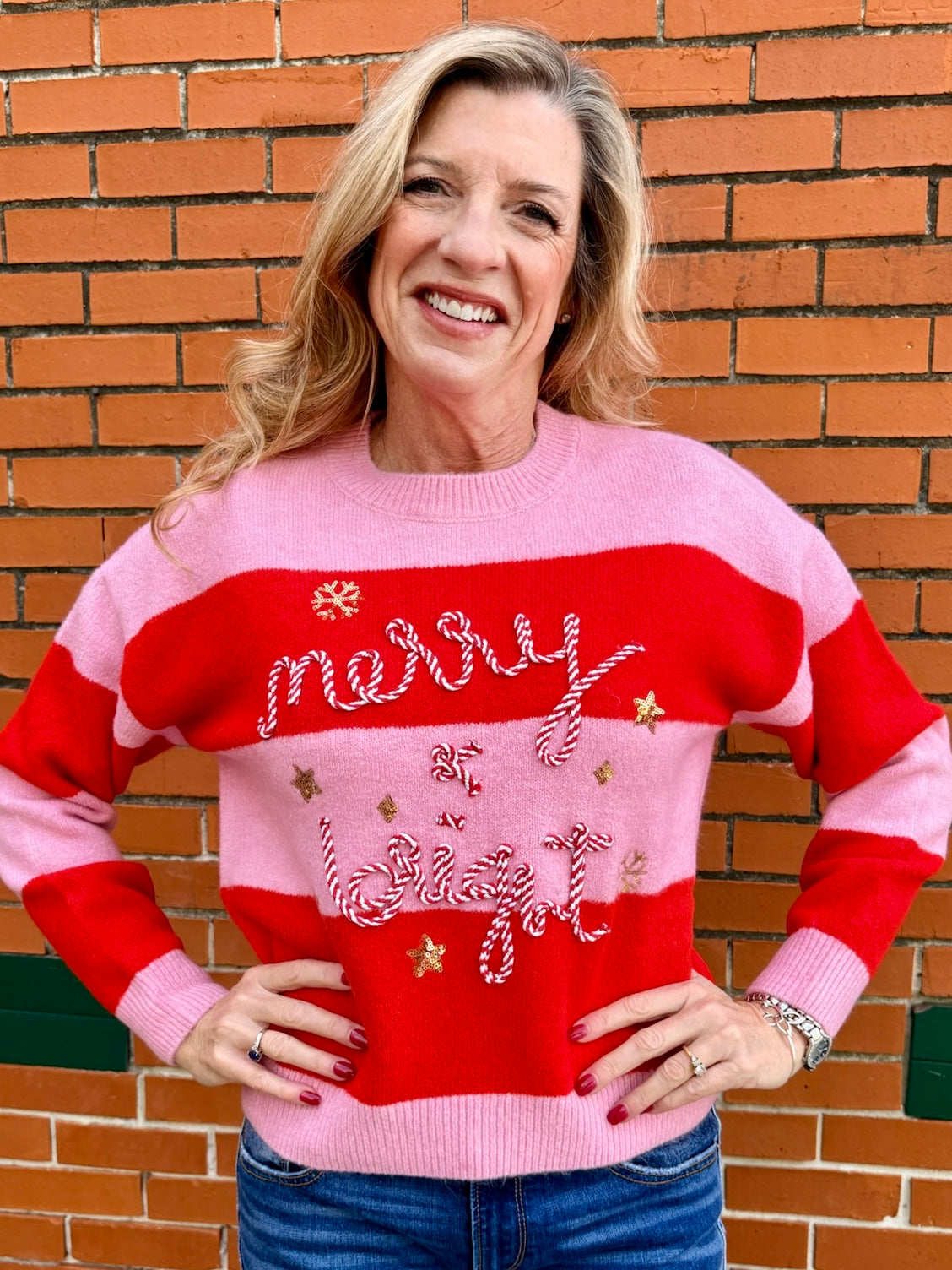 Simply Southern Merry & Bright Embroidered Stripe Pullover Sweater In pink/red at ooh la la! in Grapevine TX 76051