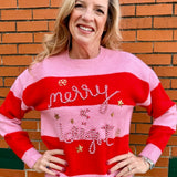 Simply Southern Merry & Bright Embroidered Stripe Pullover Sweater In pink/red at ooh la la! in Grapevine TX 76051