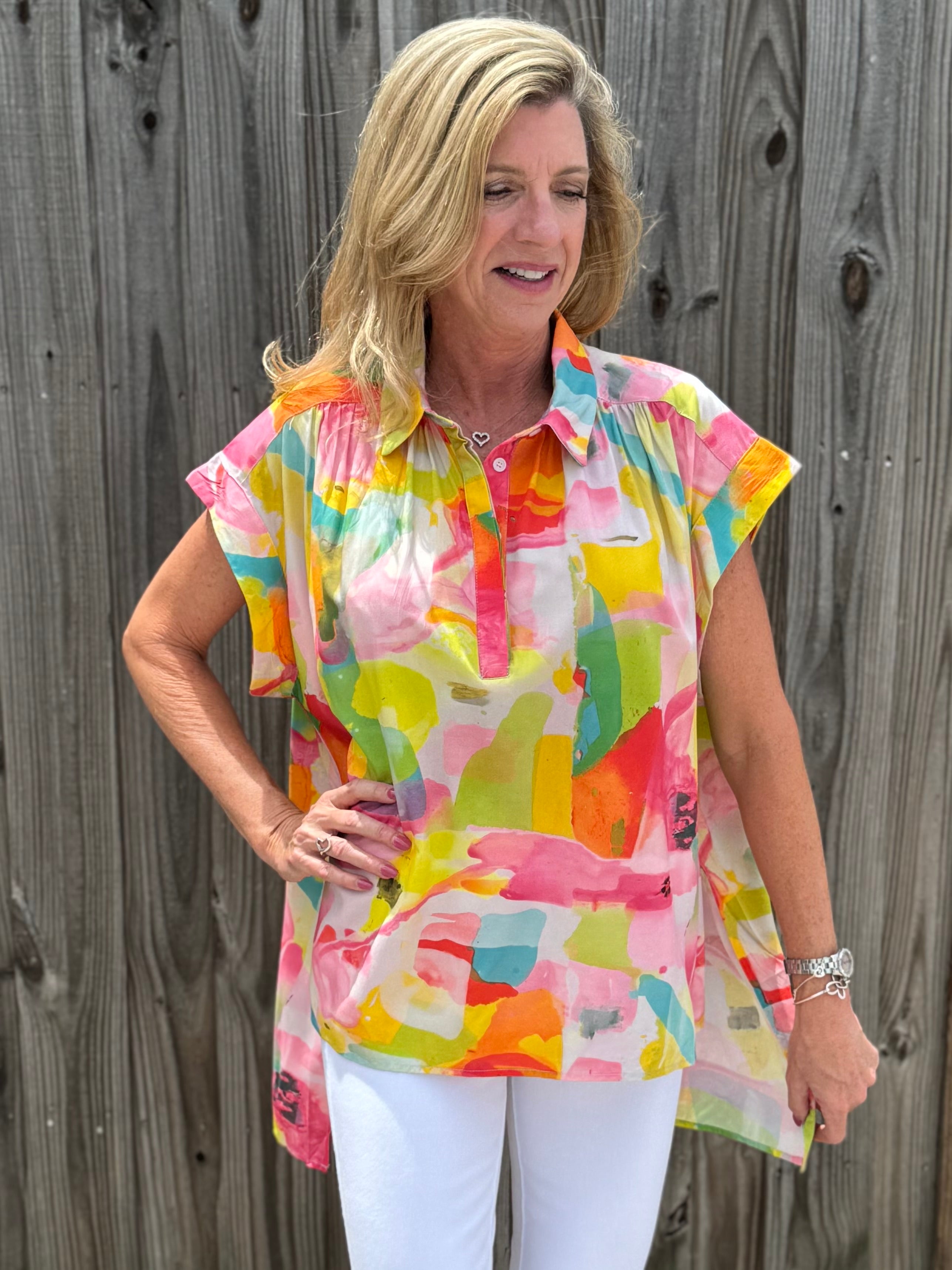 Flamingo Abstract Cap Slv Hi Lo Top at ooh la la! in Grapevine TX 76051