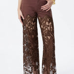 High Rise Embroidered Lace Wide Leg Jeans with Rhinestones in Chocolate Brown at ooh la la! in Grapevine TX 76051