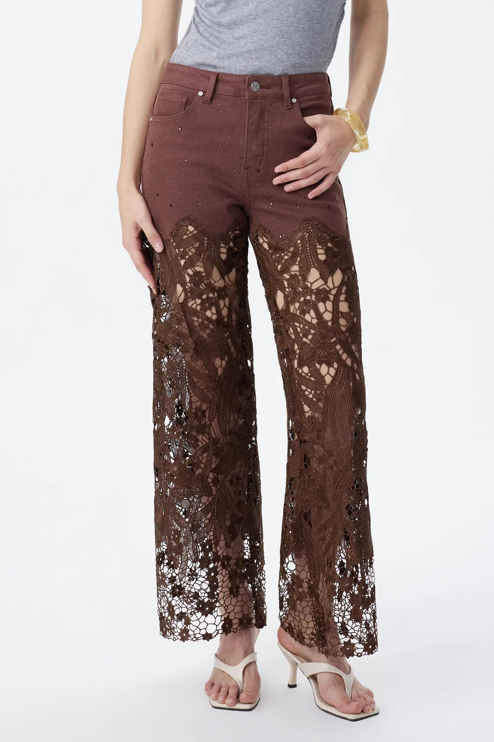 High Rise Embroidered Lace Wide Leg Jeans with Rhinestones in Chocolate Brown at ooh la la! in Grapevine TX 76051