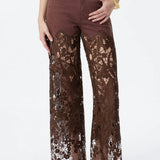 High Rise Embroidered Lace Wide Leg Jeans with Rhinestones in Chocolate Brown at ooh la la! in Grapevine TX 76051