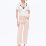 Pale dogwood jeans, high rise wide leg crop, raw hem denim, pink wide leg jeans, super stretch cropped jeans, women's spring denim, pastel wide leg pants, comfortable stretch jeans. at ooh la la! in Grapevine TX 76051