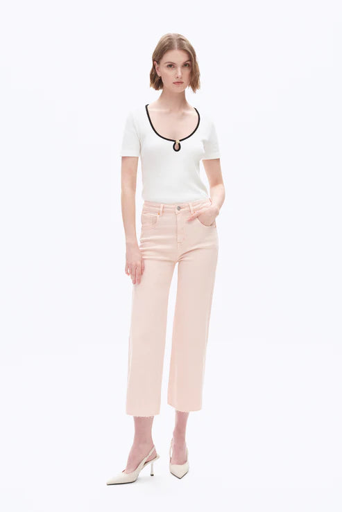 Pale dogwood jeans, high rise wide leg crop, raw hem denim, pink wide leg jeans, super stretch cropped jeans, women's spring denim, pastel wide leg pants, comfortable stretch jeans. at ooh la la! in Grapevine TX 76051