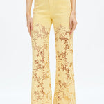 Butter yellow Wide leg jeans, floral lace denim, rhinestone jeans, high rise wide leg, pastel yellow jeans, pink lace jeans, statement denim, women’s high stretch jeans. at ooh la la! in Grapevine TX 76051