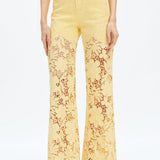 Butter yellow Wide leg jeans, floral lace denim, rhinestone jeans, high rise wide leg, pastel yellow jeans, pink lace jeans, statement denim, women’s high stretch jeans. at ooh la la! in Grapevine TX 76051