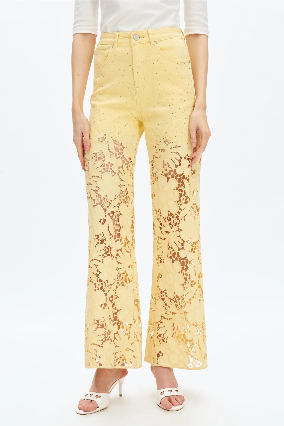 Butter yellow Wide leg jeans, floral lace denim, rhinestone jeans, high rise wide leg, pastel yellow jeans, pink lace jeans, statement denim, women’s high stretch jeans. at ooh la la! in Grapevine TX 76051