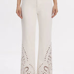 high rise straight jeans, paisley embroidery denim, cream cutout jeans, lyocell blend pants, bohemian straight leg, designer hem denim, white high waisted jeans at ooh la la! in Grapevine TX 76051