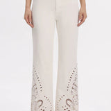 high rise straight jeans, paisley embroidery denim, cream cutout jeans, lyocell blend pants, bohemian straight leg, designer hem denim, white high waisted jeans at ooh la la! in Grapevine TX 76051