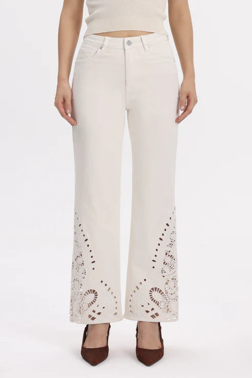 high rise straight jeans, paisley embroidery denim, cream cutout jeans, lyocell blend pants, bohemian straight leg, designer hem denim, white high waisted jeans at ooh la la! in Grapevine TX 76051