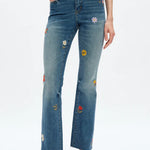 embroidered jeans, daisy denim, mid rise bootcut, floral flare jeans, boho style jeans, women's flower jeans, stretch denim, retro flare, Flora jeans at ooh la la! in Grapevine TX 76051