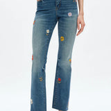 embroidered jeans, daisy denim, mid rise bootcut, floral flare jeans, boho style jeans, women's flower jeans, stretch denim, retro flare, Flora jeans at ooh la la! in Grapevine TX 76051