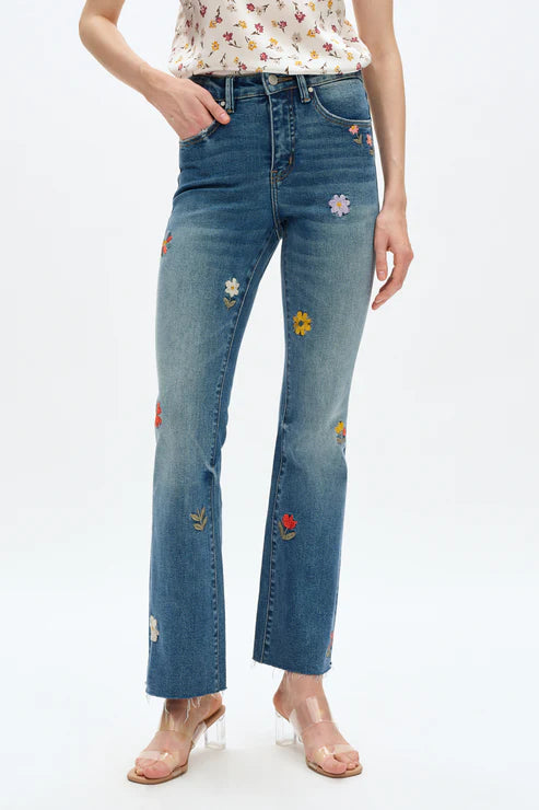 embroidered jeans, daisy denim, mid rise bootcut, floral flare jeans, boho style jeans, women's flower jeans, stretch denim, retro flare, Flora jeans at ooh la la! in Grapevine TX 76051