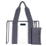 Clear tote bag with navy gingham checkered straps and matching phone pouch
