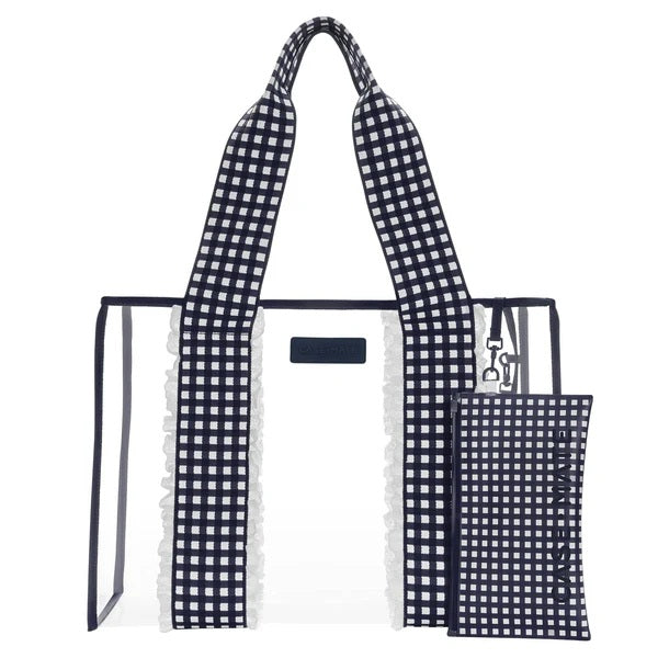 Clear tote bag with navy gingham checkered straps and matching phone pouch