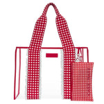 Clear tote bag with red gingham checkered straps and matching phone pouch