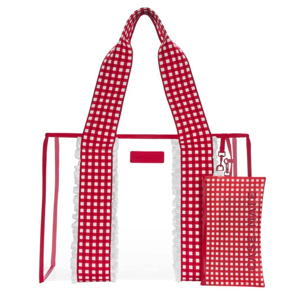 Clear tote bag with red gingham checkered straps and matching phone pouch