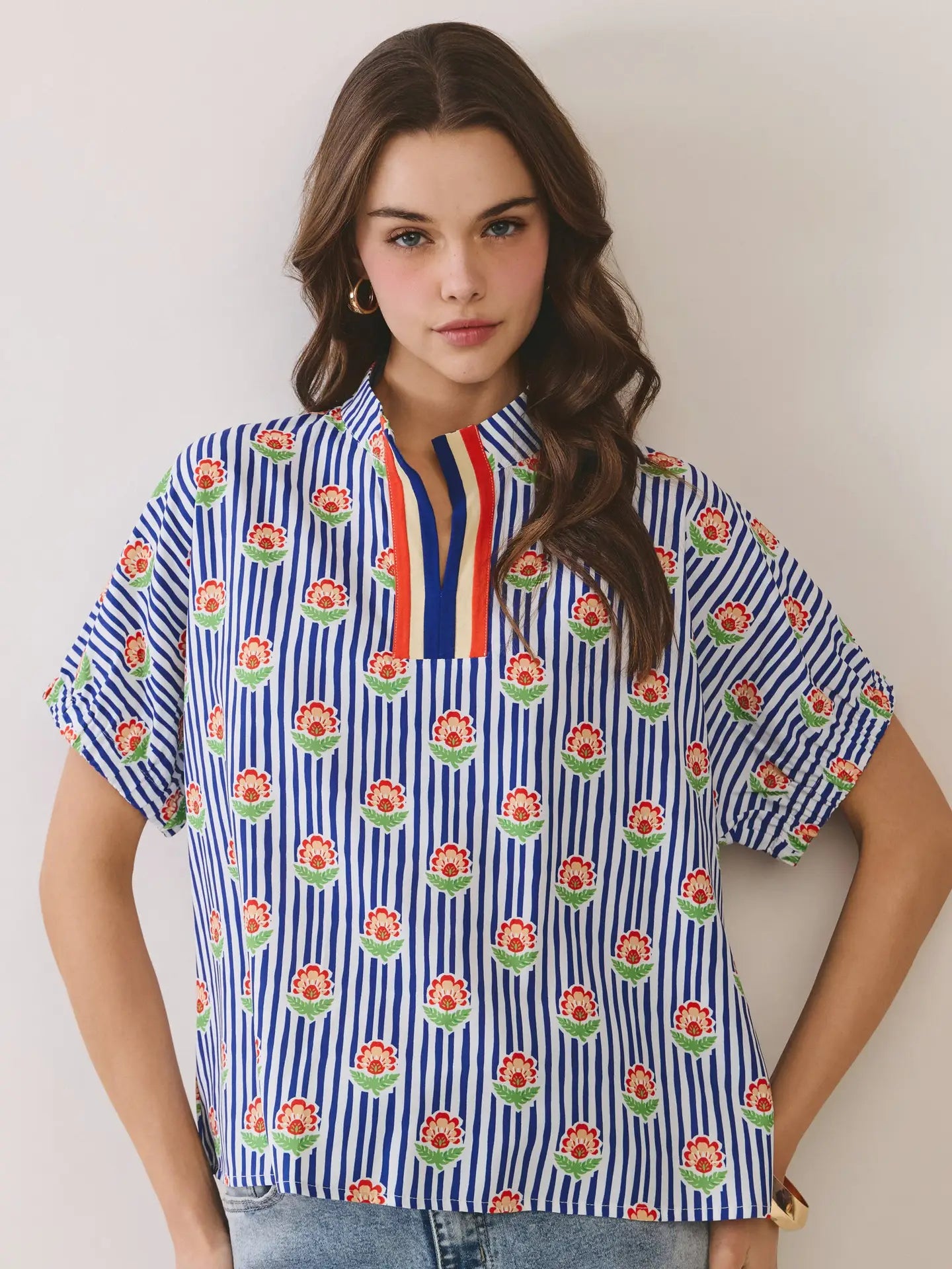 floral stripe print, split neck blouse, women top, versatile blouse, dressy casual top at ooh la la! in Grapevine TX 76051