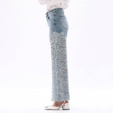 Crystal Embellished Velvet Floral Lace Wide Leg Jeans at ooh la la! in Grapevine TX 76051