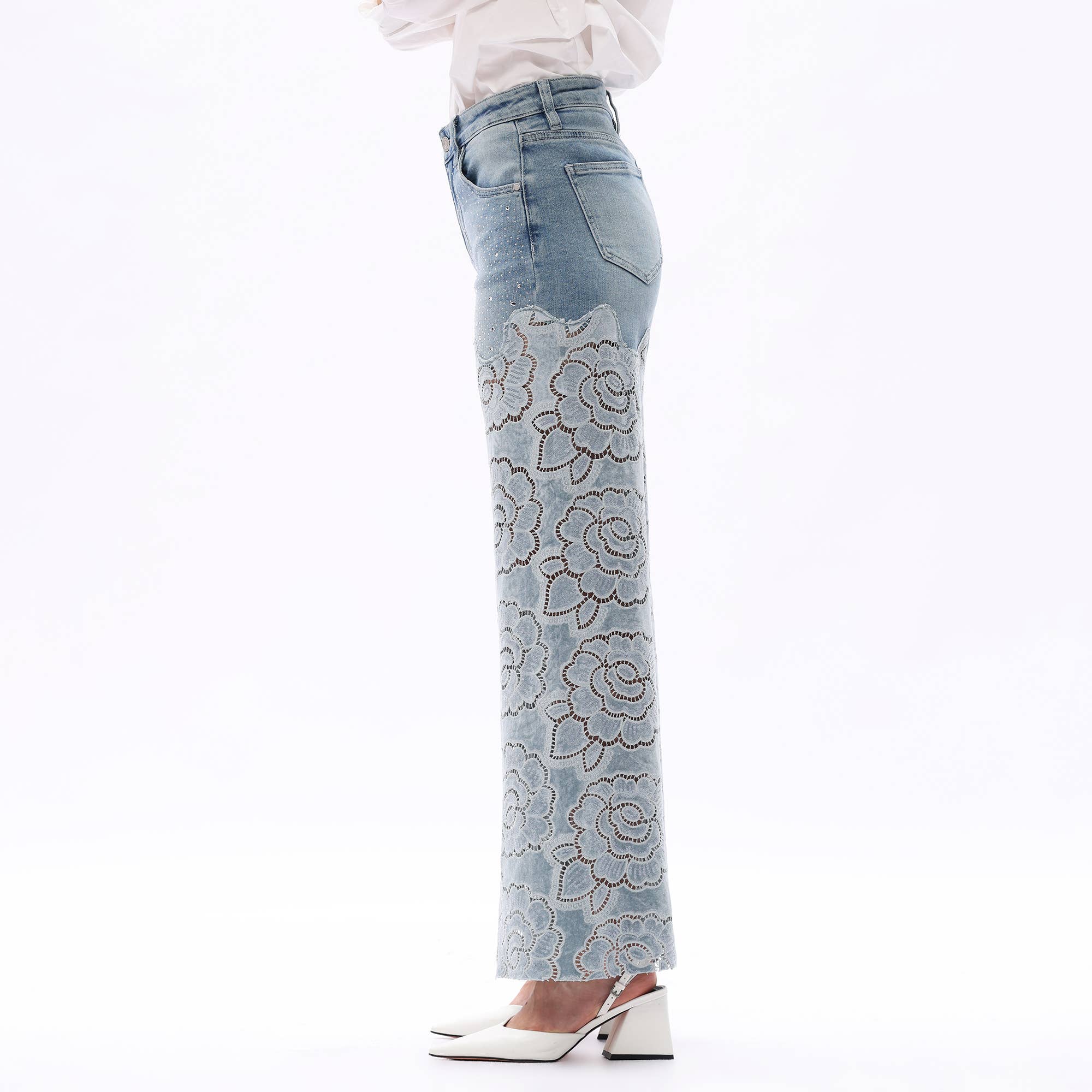 Crystal Embellished Velvet Floral Lace Wide Leg Jeans at ooh la la! in Grapevine TX 76051
