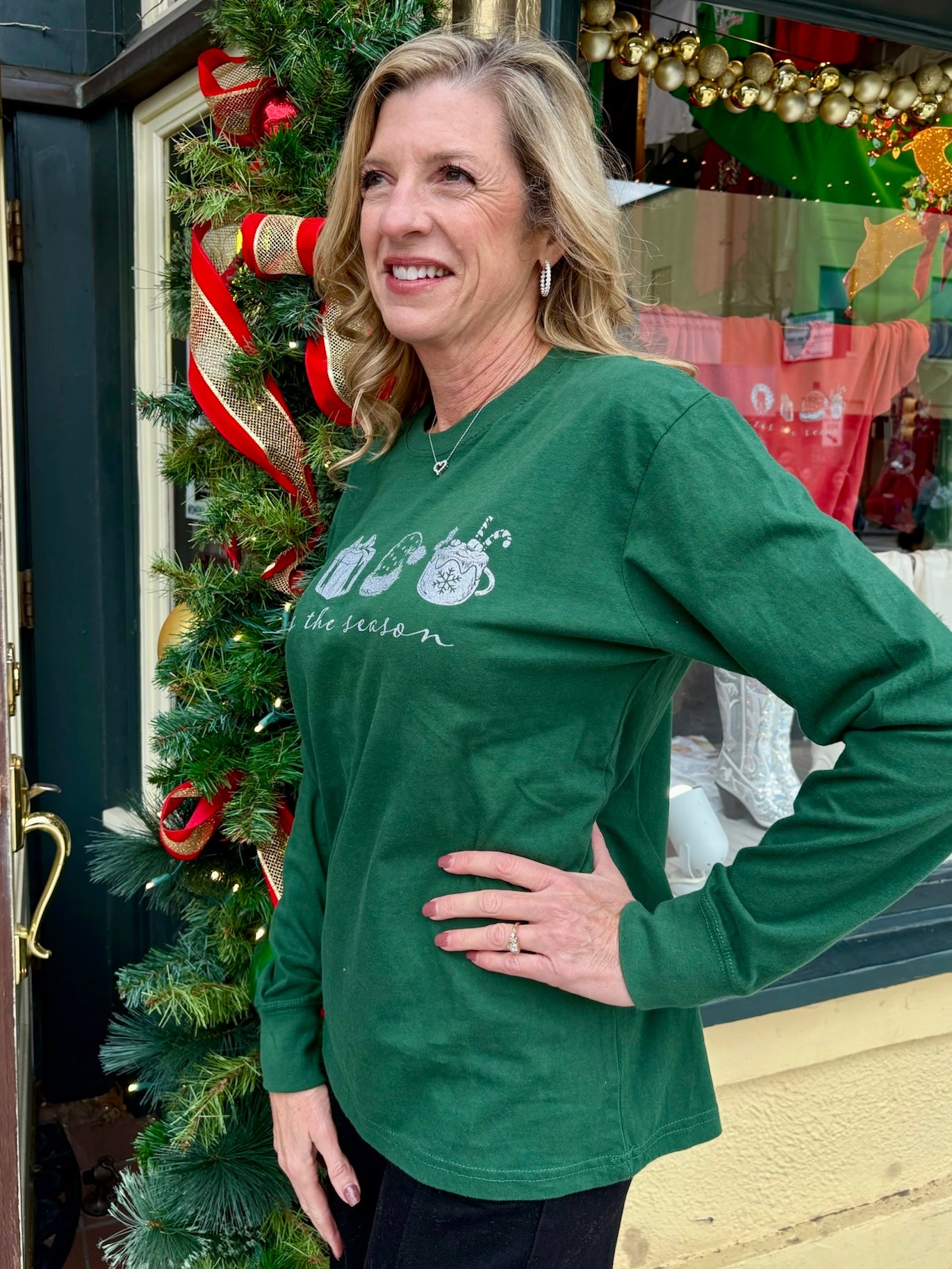 Christmas Sketchy Season Long Sleeve Tee in green at ooh la la! in Grapevine TX 76051